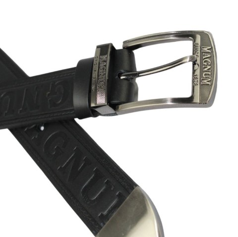 Pasek Skórzany Arucce (PL) Tłoczony Napis "MAGNUM" Z METALOWĄ KOŃCÓWKĄ Skóra Naturalana EXTRA 40 mm CZARNY Pasek Skórzany Arucce (PL) Tłoczony Napis "MAGNUM" Z METALOWĄ KOŃCÓWKĄ Skóra Naturalana EXTRA 40 mm CZARNY