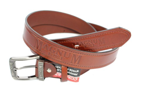 Pasek Skórzany COMPLEX (PL) Tłoczony Napis "MAGNUM" Skóra Licowa EXTRA 40 mm Brązowy Pasek Skórzany COMPLEX (PL) Tłoczony Napis "MAGNUM" Skóra Licowa EXTRA 40 mm Brązowy