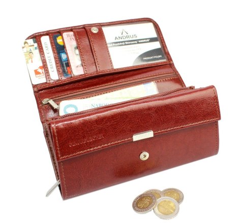 Portfel Damski ANDRUS (PL) Długi Max Na Suwak Skóra Naturalna Licowa Bardzo Wygodny I Wytrzymały RFID 17 x 9 x 4 [cm]
