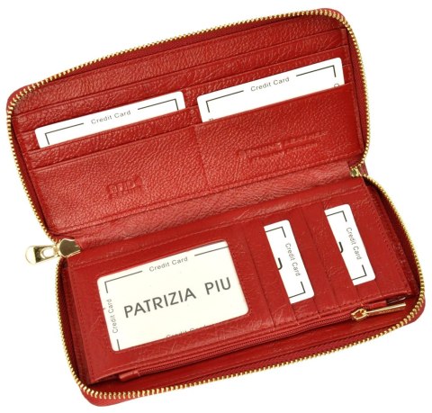 Portfel Damski Skóra Naturalna PATRIZIA Duży Z Metalowym Suwakiem Piórnik Lakierowany FL-119 CZERWONY RFID 19,5 x 10 x 2.5 [cm]