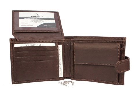 Portfel Męski Skórzany ANDRUS (PL) Skóra Licowa Duży Poziomy Z Zapięciem Jedno Skrzydełko Do Góry RIFD 13 x 10 x 2,5 [cm]