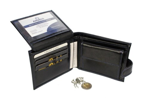 Portfel Męski Skórzany ANDRUS (PL) Skóra Licowa Duży Poziomy Z Zapięciem Jedno Skrzydełko Do Góry RIFD 13 x 10 x 2,5 [cm]