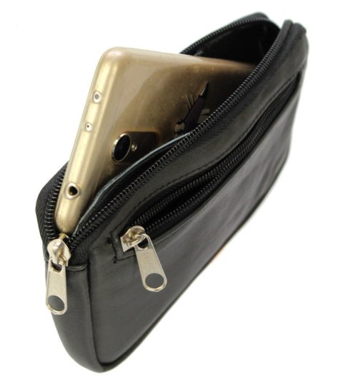 Skórzane Etui Na Telefon Saszetka PIASKOWY/CZARNY Na Pasek Z Suwakiem Polska Galanteria (PL) Na Smartfona 17,5 x 10,5 [cm]