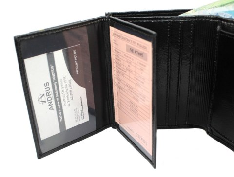 Portfel Męski Skórzany ANDRUS (PL) Skóra Licowa Duży Pionowy Bez Zapięcia Dwa Skrzydełka Duża Kieszeń Na Bilon 13 x 10 x 3  [cm]