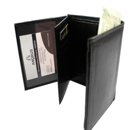 Portfel Męski Skórzany ANDRUS (PL) Skóra Licowa Duży Pionowy Bez Zapięcia Dwa Skrzydełka Duża Kieszeń Na Bilon 13 x 10 x 3  [cm]