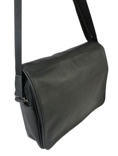 Skórzana Torba Na Ramię Pozioma GRETOS (PL) Listonoszka Z Klapką CZARNA 37 x 30 x 9 [cm]