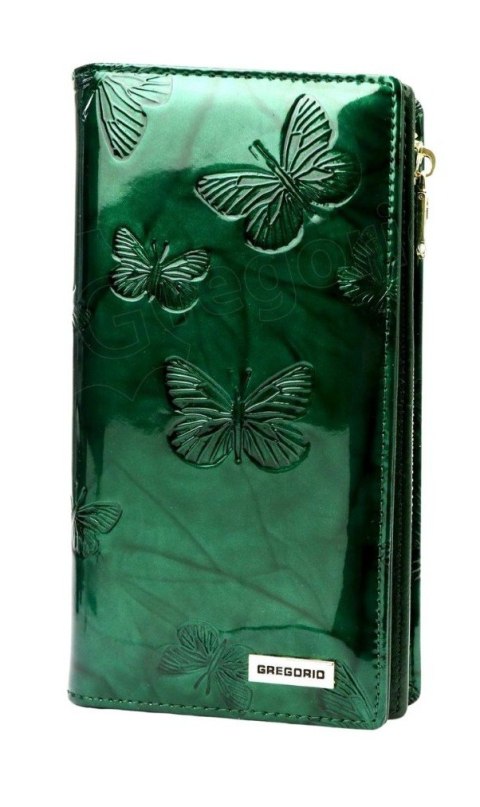Portfel Damski Skórzany GREGORIO Lakierowany Długi Z Suwakiem Na Zewnątrz BTS-124 ZIELONY 19,5 x 10 x 3,5 [cm]
