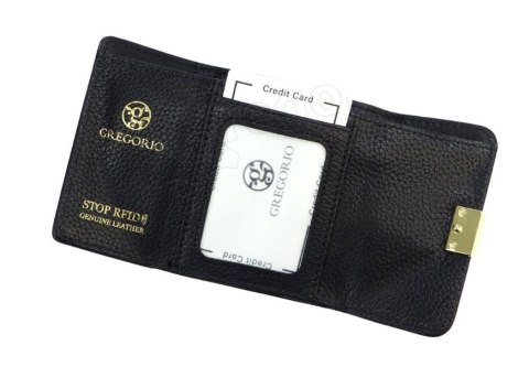 Portfel Damski Skórzany GREGORIO Skóra Licowa Lakierowany Mały Z Klamrą RFID GF-126 CZARNY 9.5 x 8 x 2.5 [cm]