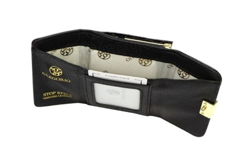 Portfel Damski Skórzany GREGORIO Skóra Licowa Lakierowany Mały Z Klamrą RFID GF-126 CZARNY 9.5 x 8 x 2.5 [cm]