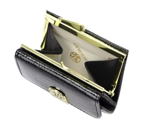 Portfel Damski Skórzany GREGORIO Skóra Licowa Lakierowany Mały Z Klamrą RFID GF-126 CZARNY 9.5 x 8 x 2.5 [cm]