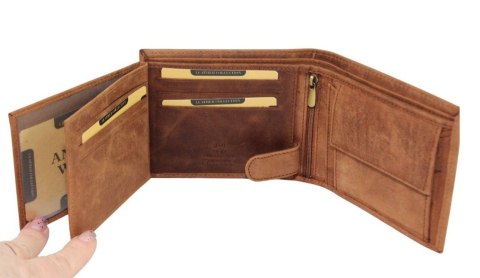 Portfel Męski Skórzany Peterson Skóra Naturalna Duży Poziomy Bez Zapięcia Dwa Skrzydełka N992 BRĄZOWY "CZASZKA" 13 x 10 x 2 [cm]