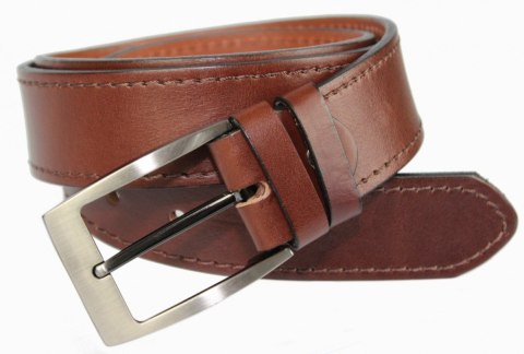 Pasek Męski Skórzany PAS-MAX (PL) Skóra Licowa 40 mm KASZTANOWY SZYTY CIENKĄ CZEKOLADOWĄ NITKĄ