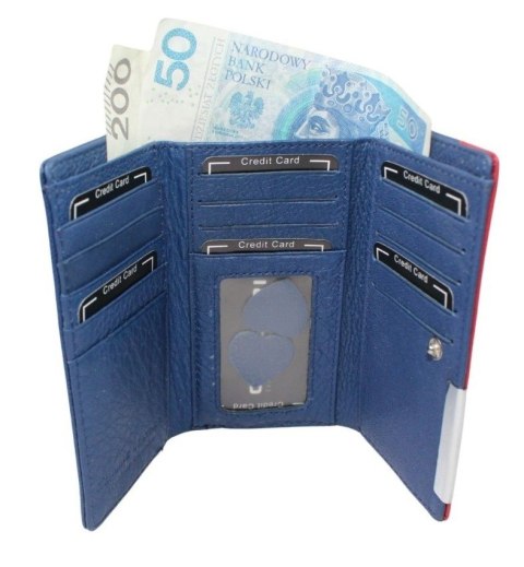 Portfel Damski Skórzany GREGORIO 14 cm Klamra i Klapka Skóra Naturalna FRZ-108 NIEBIESKI Z CZERWONYM 14 x 9 x 3,5 [cm]