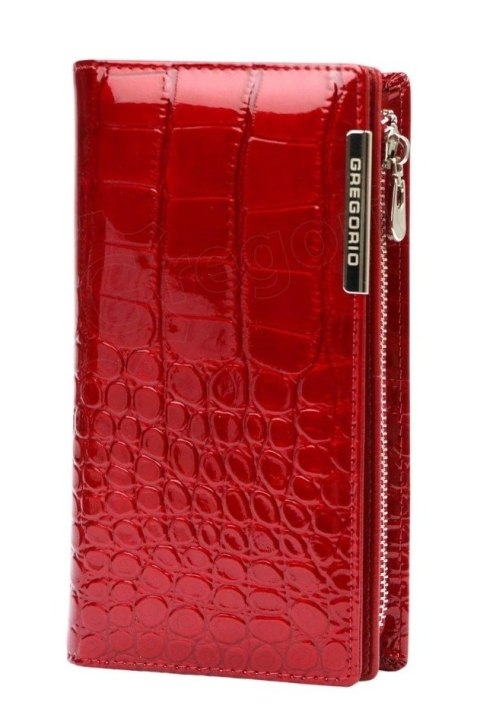 Portfel Damski Skórzany GREGORIO Lakierowany Długi Z Suwakiem Na Zewnątrz BC-124 CZERWONY 19,5 x 10 x 3,5 [cm]