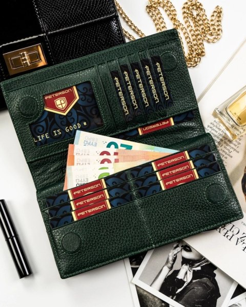Portfel Damski Skórzany Peterson Lakierowany Długi Z Suwakiem Na Zewnątrz RFID PTN-PS1431 ZIELONY 19,5 x 10 x 3,5 [cm]