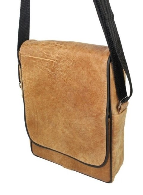 Skórzana Torba Na Ramię Pionowa GRETOS (PL) Listonoszka Z Klapką SUROWA SKÓRA KARMELOWY 37 x 30 x 7 [cm]