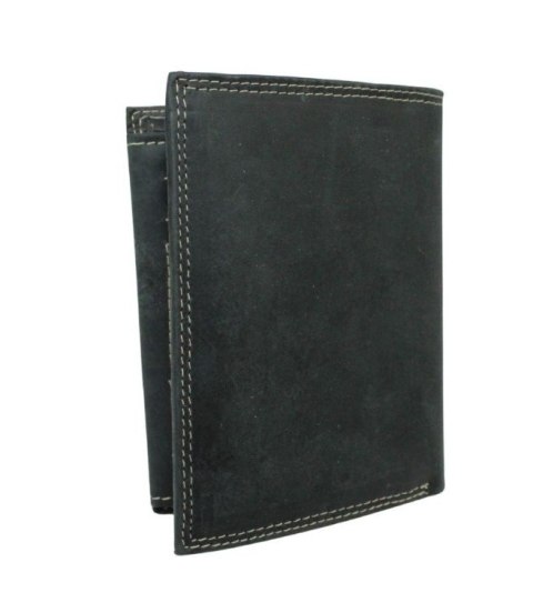 Portfel Męski Skórzany WILD Skóra Licowa Duży Pionowy Bez Zapięcia Zamszowy CZARNY ''De Luxe'' 8932 13 x 10 x 3 [cm]