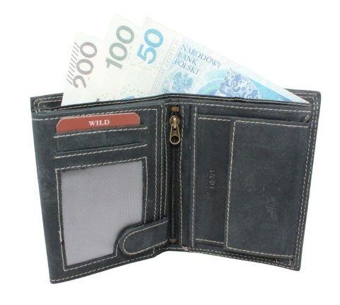 Portfel Męski Skórzany WILD Skóra Licowa Duży Pionowy Bez Zapięcia Zamszowy CZARNY ''De Luxe'' 8932 13 x 10 x 3 [cm]