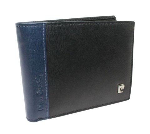 Portfel Męski Skórzany PIERRE CARDIN Skóra Licowa Duży Poziomy Bez Zapięcia CZARNY Z Niebieskim Paskiem 8806