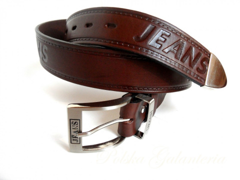 Pasek Skórzany COMPLEX (PL) Tłoczony Napis "JEANS" Z METALOWĄ KOŃCÓWKĄ Skóra Licowa EXTRA 40 mm KASZTANOWY Pasek Skórzany COMPLEX (PL) Tłoczony Napis "JEANS" Z METALOWĄ KOŃCÓWKĄ Skóra Licowa EXTRA 40 mm KASZTANOWY