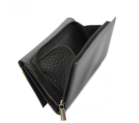 Portfel Damski Skórzany PolskaGalanteria 15 cm Suwak Skóra Naturalna KP D1411 CZARNY Z GRAFIKĄ Portfel Damski Skórzany PolskaGalanteria 15 cm Suwak Skóra Naturalna KP D1411 CZARNY Z GRAFIKĄ