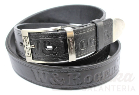 Pasek Skórzany COMPLEX (PL) Tłoczony Napis "W&RogerS" Z METALOWĄ KOŃCÓWKĄ Skóra Licowa EXTRA 40 mm Czarny Pasek Skórzany COMPLEX (PL) Tłoczony Napis "W&RogerS" Z METALOWĄ KOŃCÓWKĄ Skóra Licowa EXTRA 40 mm Czarny